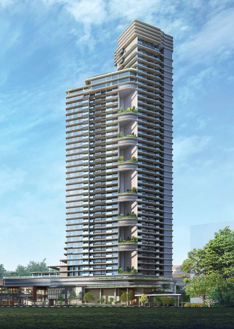 Union Square Residences, artist’s impression: the 40-storey residential tower with its landscaped recreational pods stacked up the facade