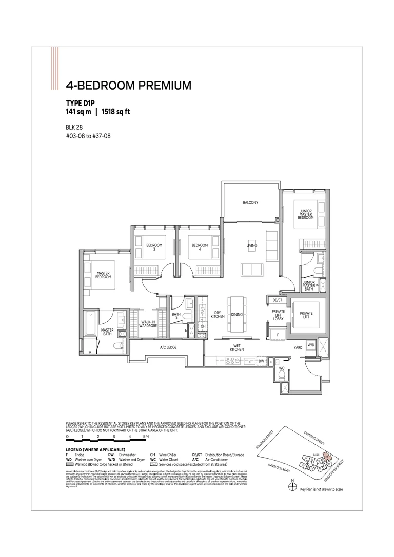 Union Square Residences plan, for illustration only: 4-bedroom premium floor plan, type D1P, 141 sq m (1,518 sq ft), with the key plan and legend