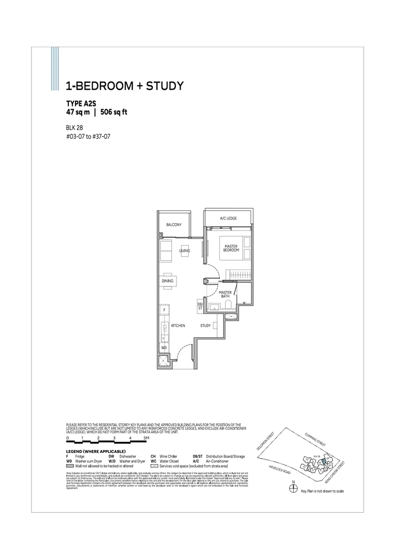 Union Square Residences plan, for illustration only: 1-bedroom + study floor plan, type A2S, 47 sq m (506 sq ft), with the key plan and legend