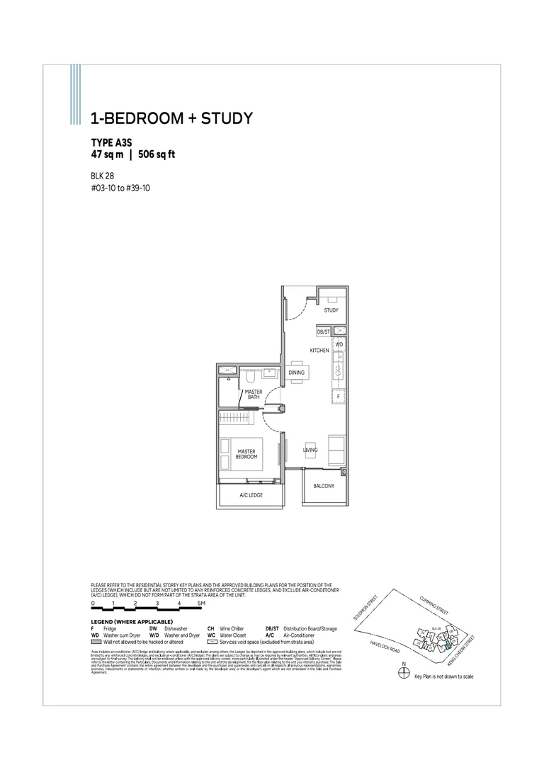 Union Square Residences plan, for illustration only: 1-bedroom + study floor plan, type A3S, 47 sq m (506 sq ft), with the key plan and legend