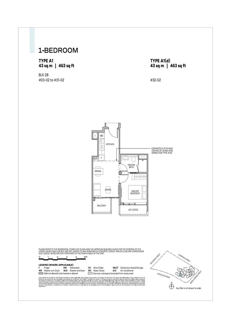 Union Square Residences plan, for illustration only: 1-bedroom floor plan, type A1 / A1(d), 43 sq m (463 sq ft), with the key plan and legend