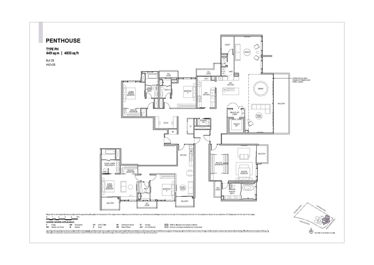 Union Square Residences plan, for illustration only: penthouse floor plan, type PH, 449 sq m (4,833 sq ft), with the key plan and legend