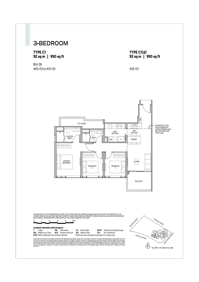 Union Square Residences plan, for illustration only: 3-bedroom floor plan, type C1 / C1(d), 92 sq m (990 sq ft), with the key plan and legend