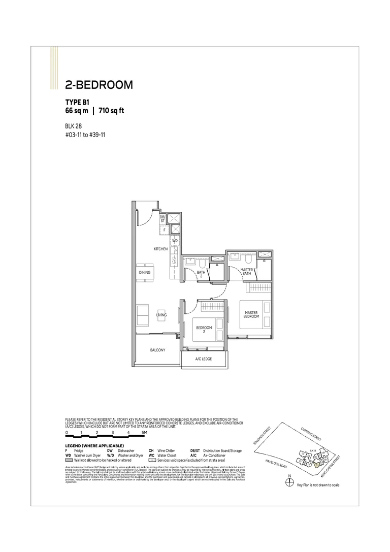 Union Square Residences plan, for illustration only: 2-bedroom floor plan, type B1, 66 sq m (710 sq ft), with the key plan and legend