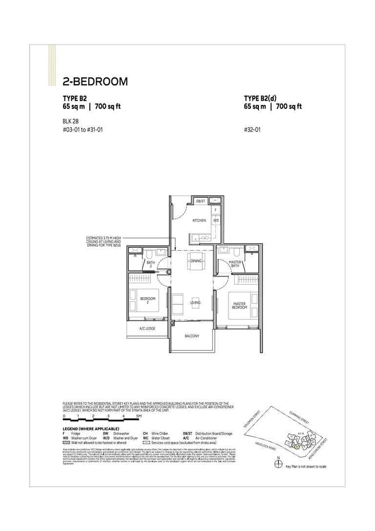 Union Square Residences plan, for illustration only: 2-bedroom floor plan, type B2 / B2(d), 65 sq m (700 sq ft), with the key plan and legend