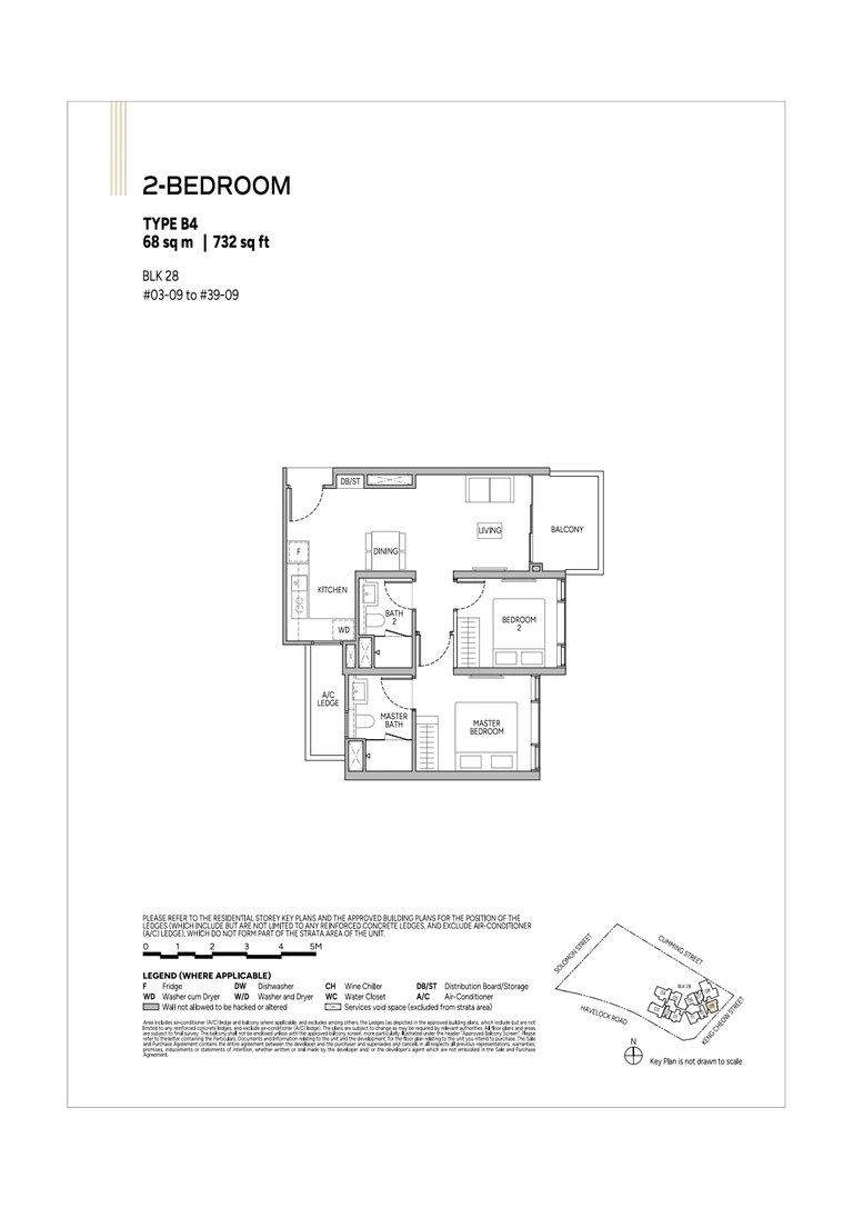 Union Square Residences plan, for illustration only: 2-bedroom floor plan, type B4, 68 sq m (732 sq ft), with the key plan and legend