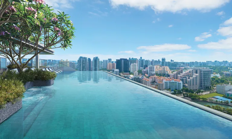 Union Square Residences, artist’s impression: the level 34 sky pool by day with frangipani planting and views over the city