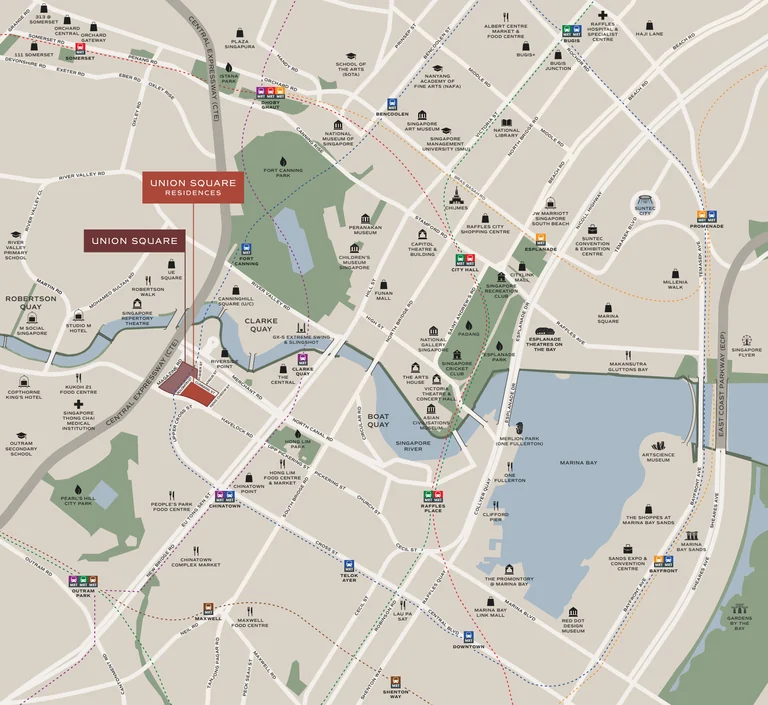 Union Square Residences plan, for illustration only: developer location map of central Singapore marking Union Square Residences beside the Singapore River, with MRT lines, parks, schools, malls and hospitals