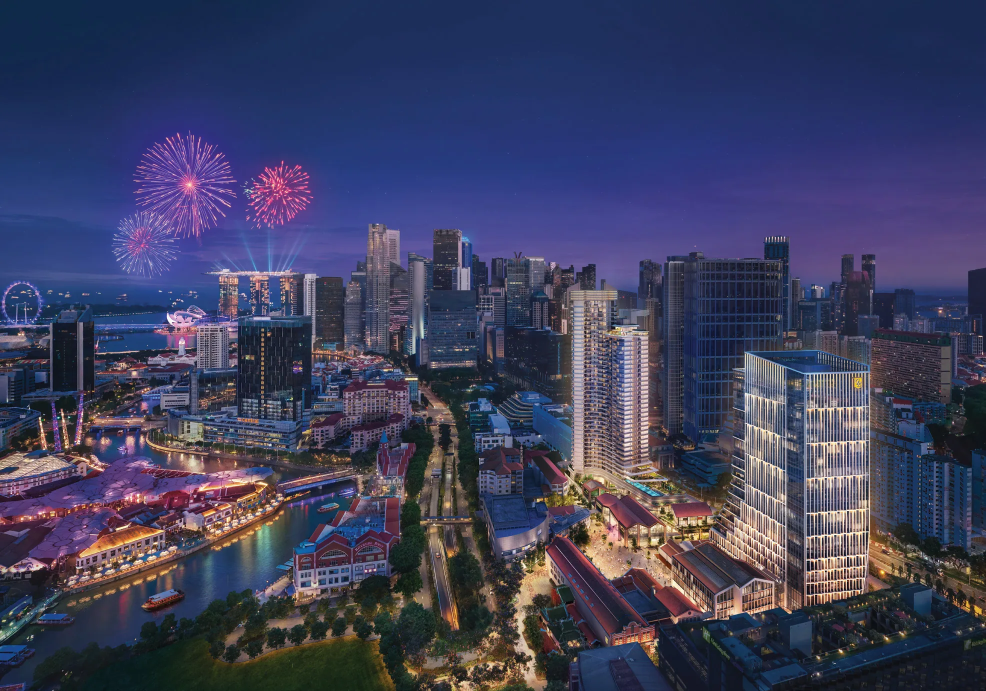 Union Square Residences, artist’s impression: night aerial view of the Union Square development on Havelock Road beside Clarke Quay and the Singapore River, with fireworks over Marina Bay and the CBD skyline