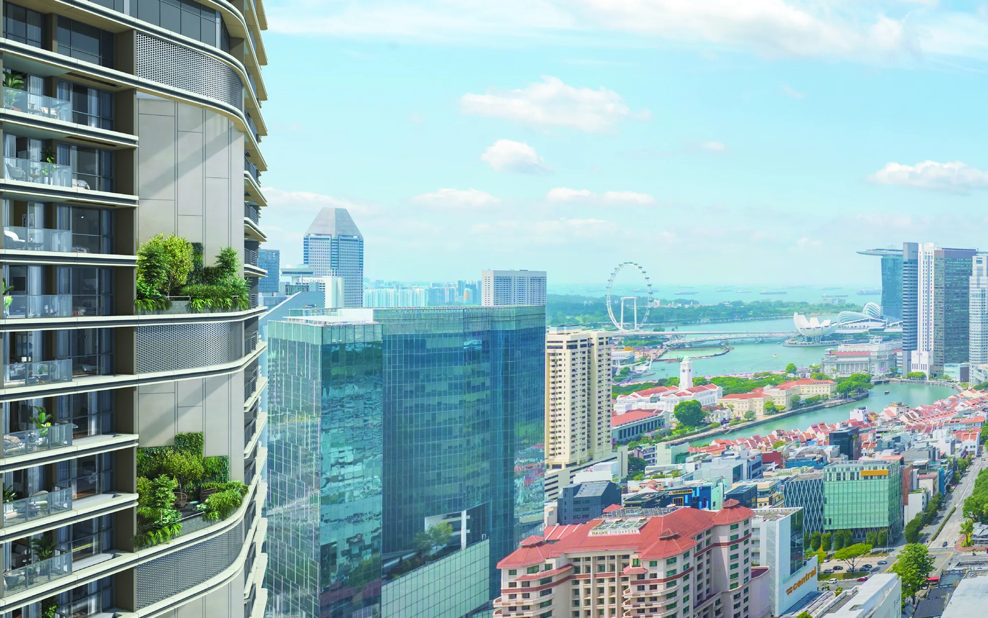 Union Square Residences, artist’s impression: a landscaped recreational pod on the tower facade, looking over the Singapore River towards Marina Bay