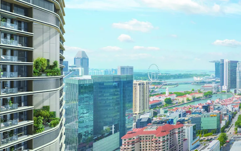 Union Square Residences, artist’s impression: a landscaped recreational pod on the tower facade, looking over the Singapore River towards Marina Bay