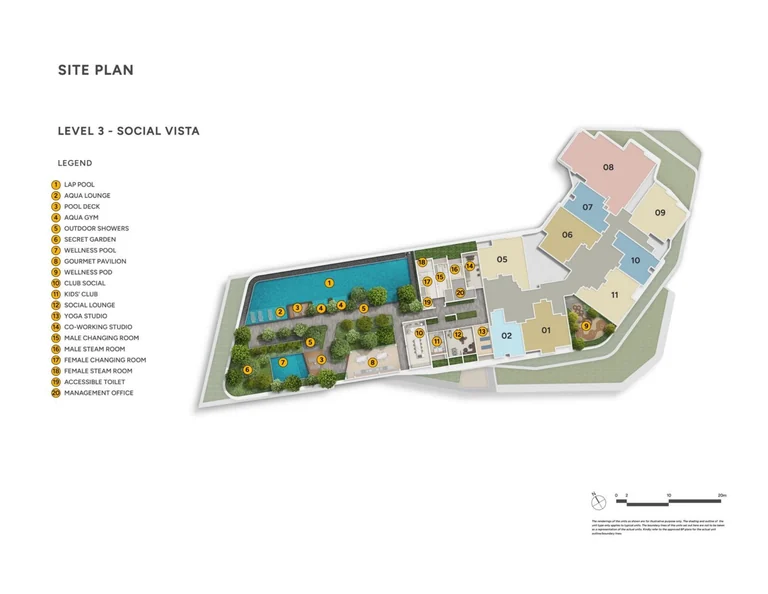 Union Square Residences plan, for illustration only: level 3 Social Vista site plan with the lap pool, aqua gym, wellness pool, Gourmet Pavilion, clubhouse rooms and the eleven unit stacks, with a numbered legend