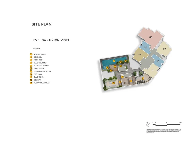 Union Square Residences plan, for illustration only: level 34 Union Vista site plan with the sky pool, Club Gourmet, alfresco dining, spa alcove, Club Union and Sky Gym, with a numbered legend