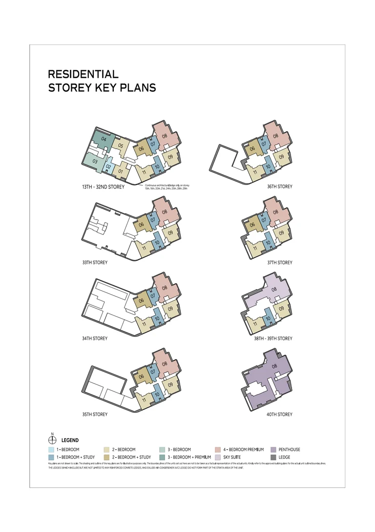 Union Square Residences plan, for illustration only: residential storey key plans for the 13th to 40th storeys, including the Sky Suites and the penthouse